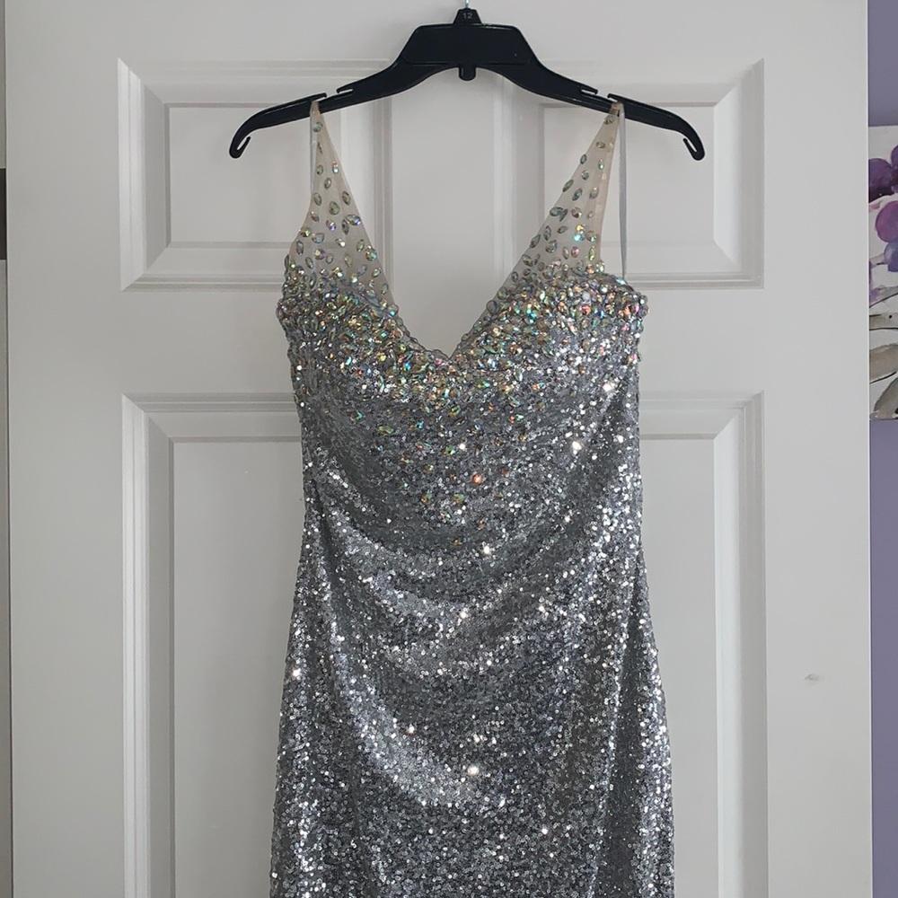 Silver Sequin Prom Dress with Embellished Bodice